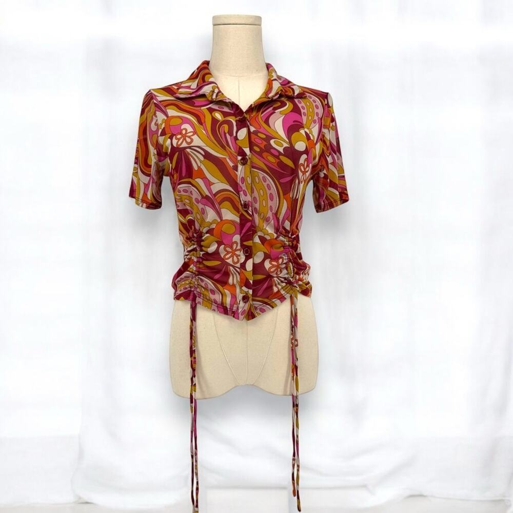 Sweet Rain Micro Mesh 90s does 70s Groovy Print Baby Tee Shirt Top S Y2K Vintage